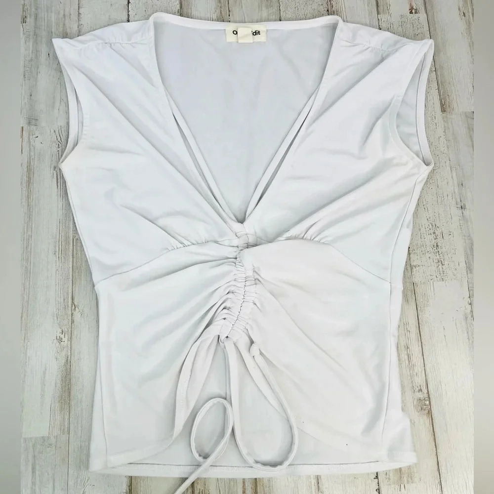 Open Edit Women's White V-Neck Blouse Ruched Tie Front Casual Size XXS